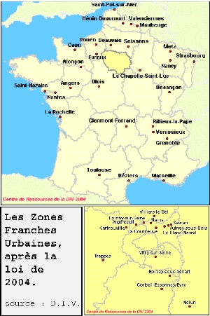 Les Zones Franches Urbaines définies par la loi de mars 2004 (source : DIV.)